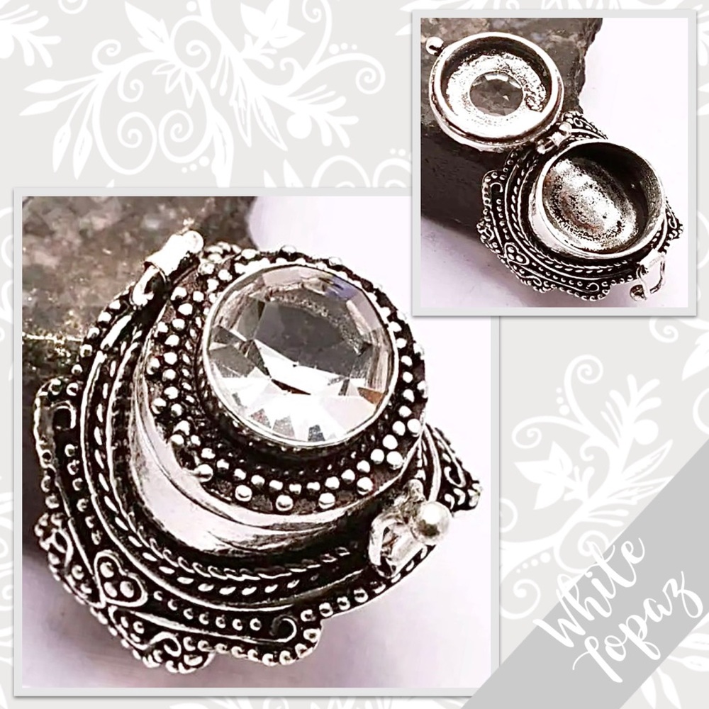 Silver White Topaz Locket Ring — Ornate Filigree Statement